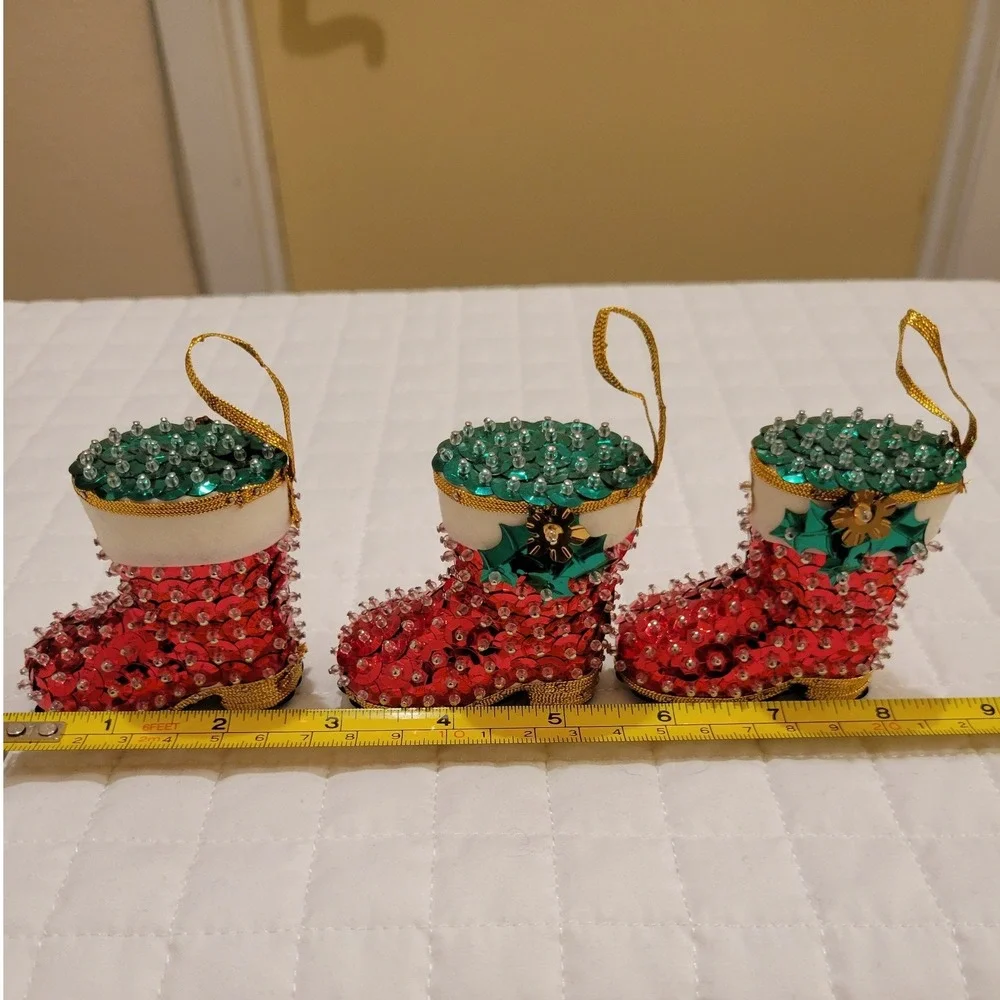 VTG Handmade Sequin Beaded Holly Santa Boot Christmas Tree Ornament Holiday Cute